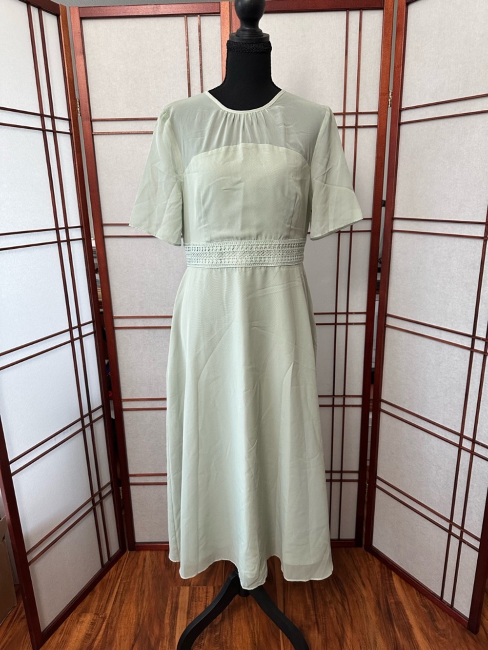 Light Sage A-Line Midi Dress with Smocked Waist